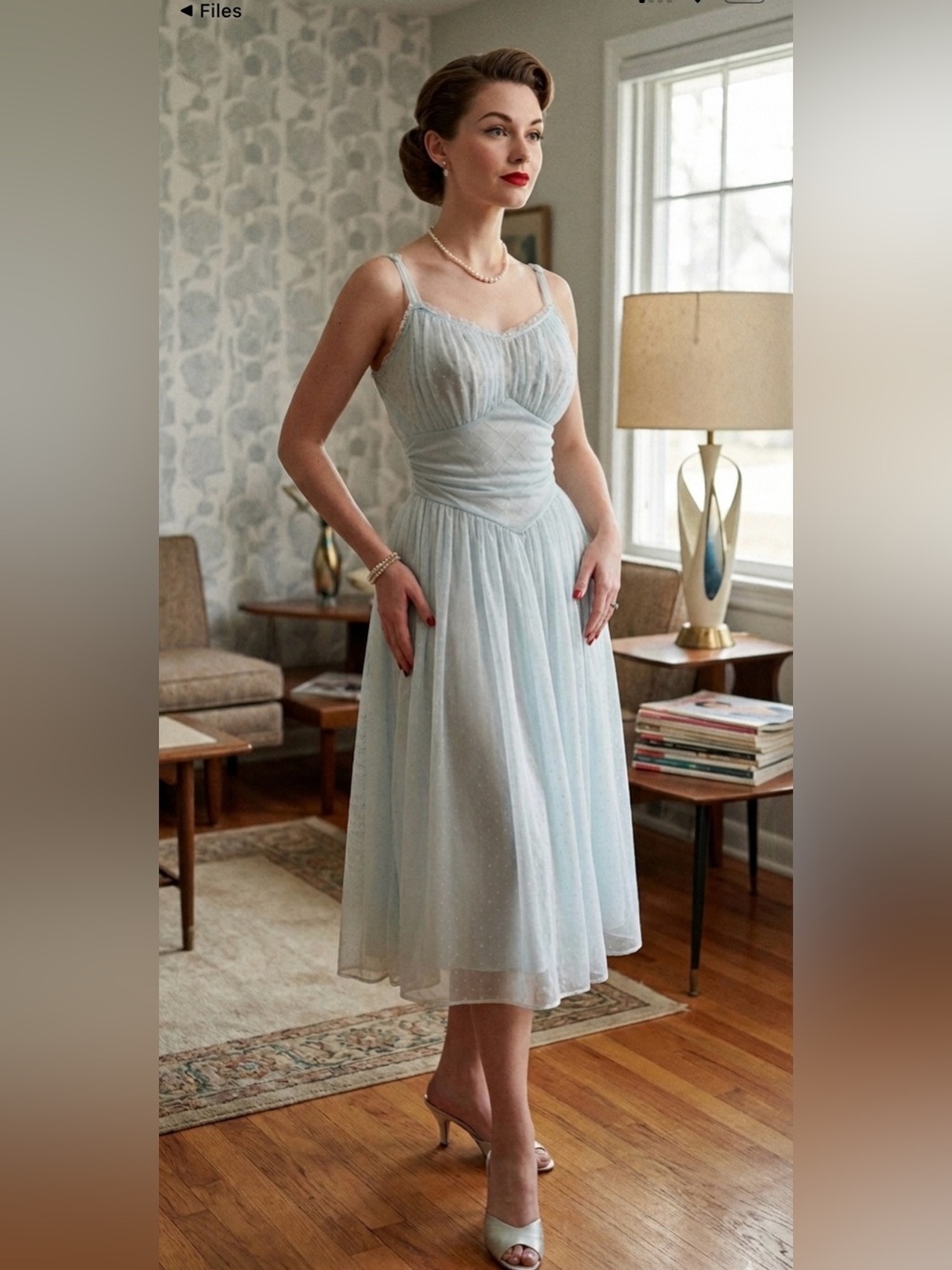 1950s Vanity Fair Pale Blue Swiss Dot Tricot Nylon Lace Fit & Flare Nightgown 32